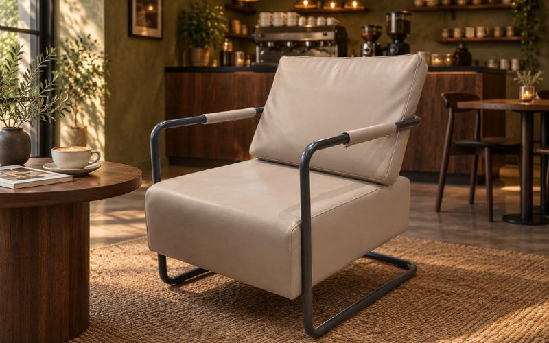 Ghế cafe bọc nệm TLI kết hợp bàn tròn trong không gian có tông màu ấm.